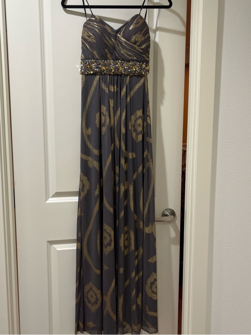 Betsy & Adam Gray Evening Gown with Gold Metallic Accents